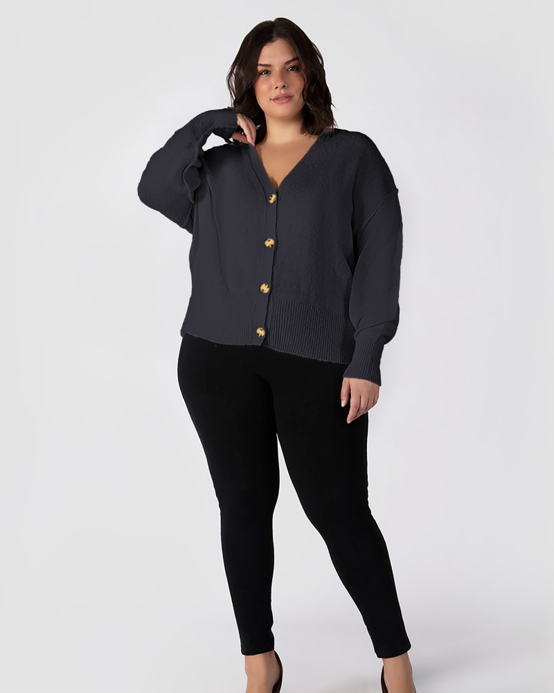 Plus size model wearing Lottie Boucle Button Front Cardigan by DEX PLUS | Dia&Co | dia_product_style_image_id:206192